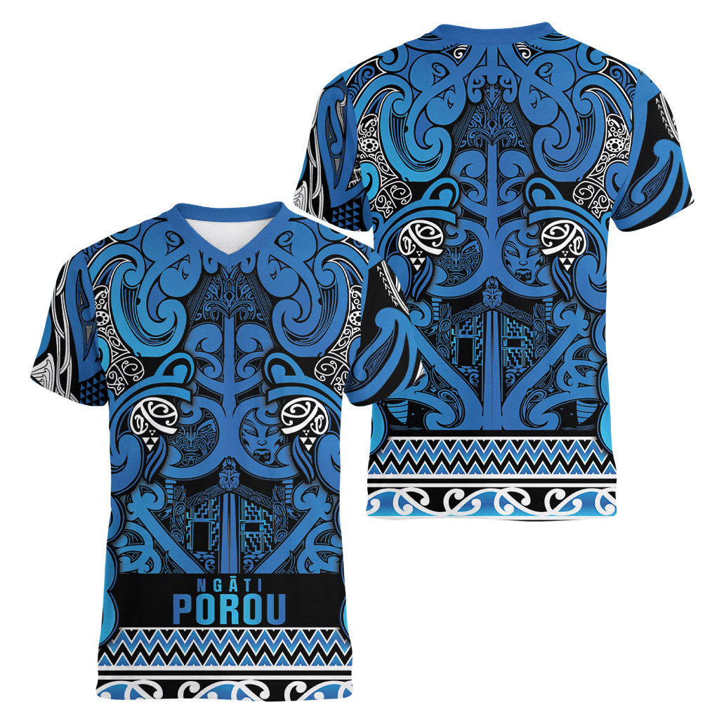 Aotearoa Iwi Ngati Porou Women V-Neck T-Shirt Maori Wharenui House Tribal Pattern LT9 - Polynesian Pride