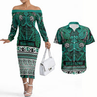 Aotearoa Iwi Ngai Tahu Couples Matching Off The Shoulder Long Sleeve Dress and Hawaiian Shirt Maori Wharenui House Tribal Pattern LT9 Turquoise - Polynesian Pride