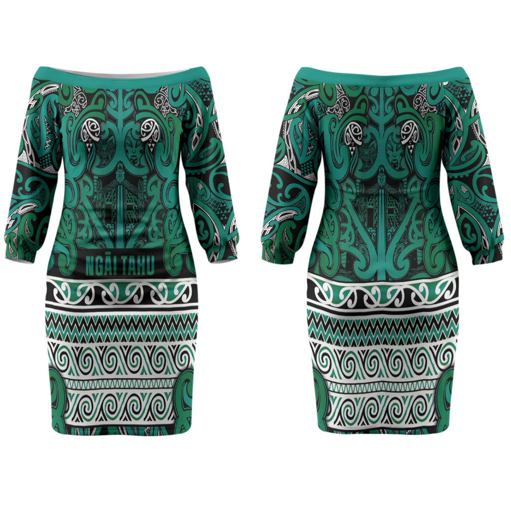 Aotearoa Iwi Ngai Tahu Couples Matching Off The Shoulder Long Sleeve Dress and Hawaiian Shirt Maori Wharenui House Tribal Pattern LT9 - Polynesian Pride
