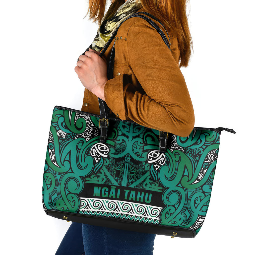 Aotearoa Iwi Ngai Tahu Leather Tote Bag Maori Wharenui House Tribal Pattern LT9 Turquoise - Polynesian Pride