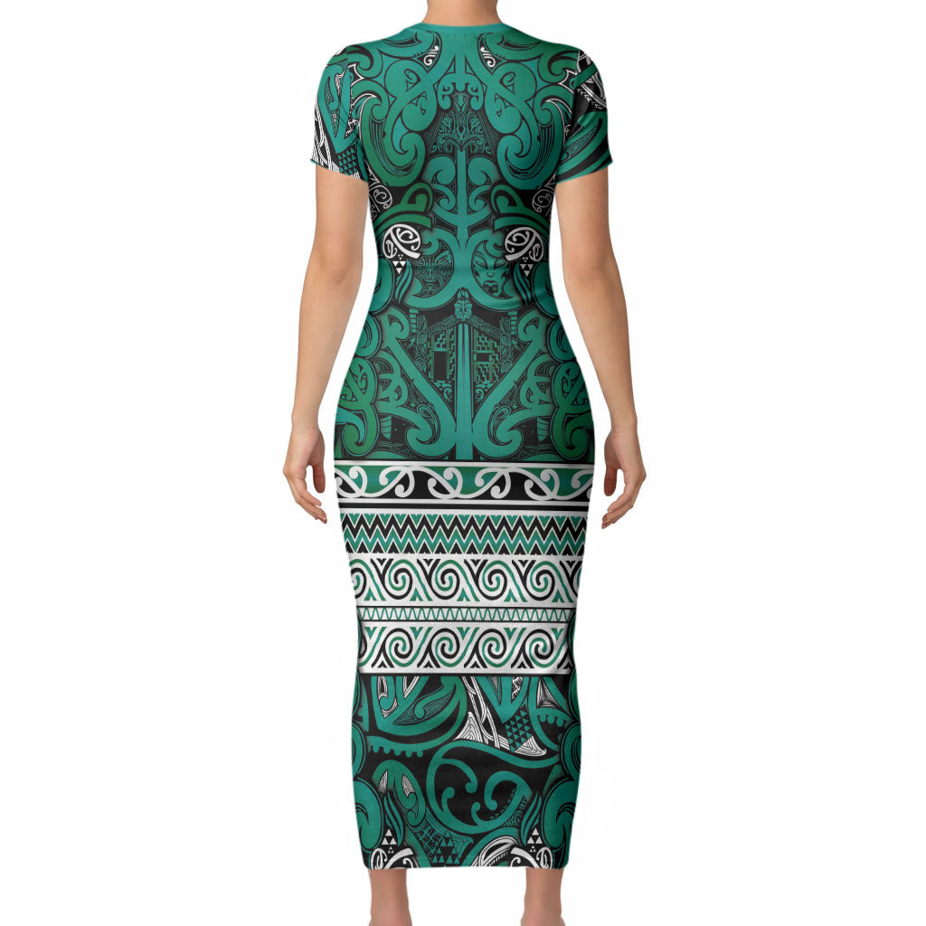 Aotearoa Iwi Ngai Tahu Short Sleeve Bodycon Dress Maori Wharenui House Tribal Pattern LT9 - Polynesian Pride