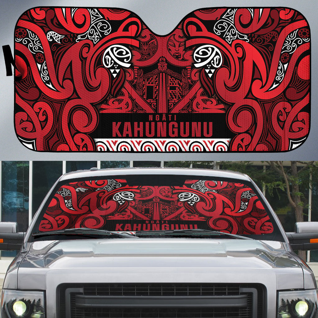 Aotearoa Iwi Ngati Kahungunu Auto Sun Shade Maori Wharenui House Tribal Pattern LT9 Dark red - Polynesian Pride