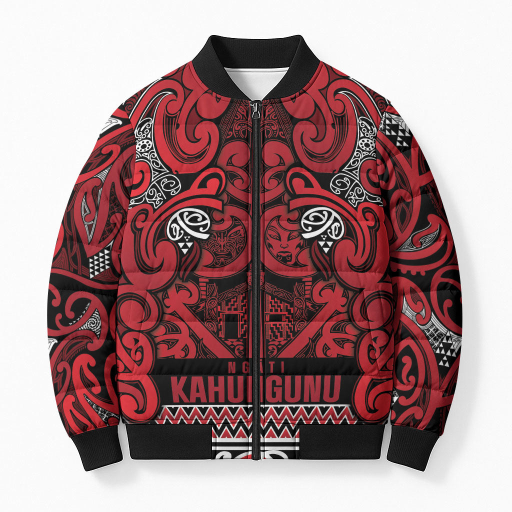 Aotearoa Iwi Ngati Kahungunu Bomber Puffer Jacket Maori Wharenui House Tribal Pattern LT9 Unisex Dark red - Polynesian Pride