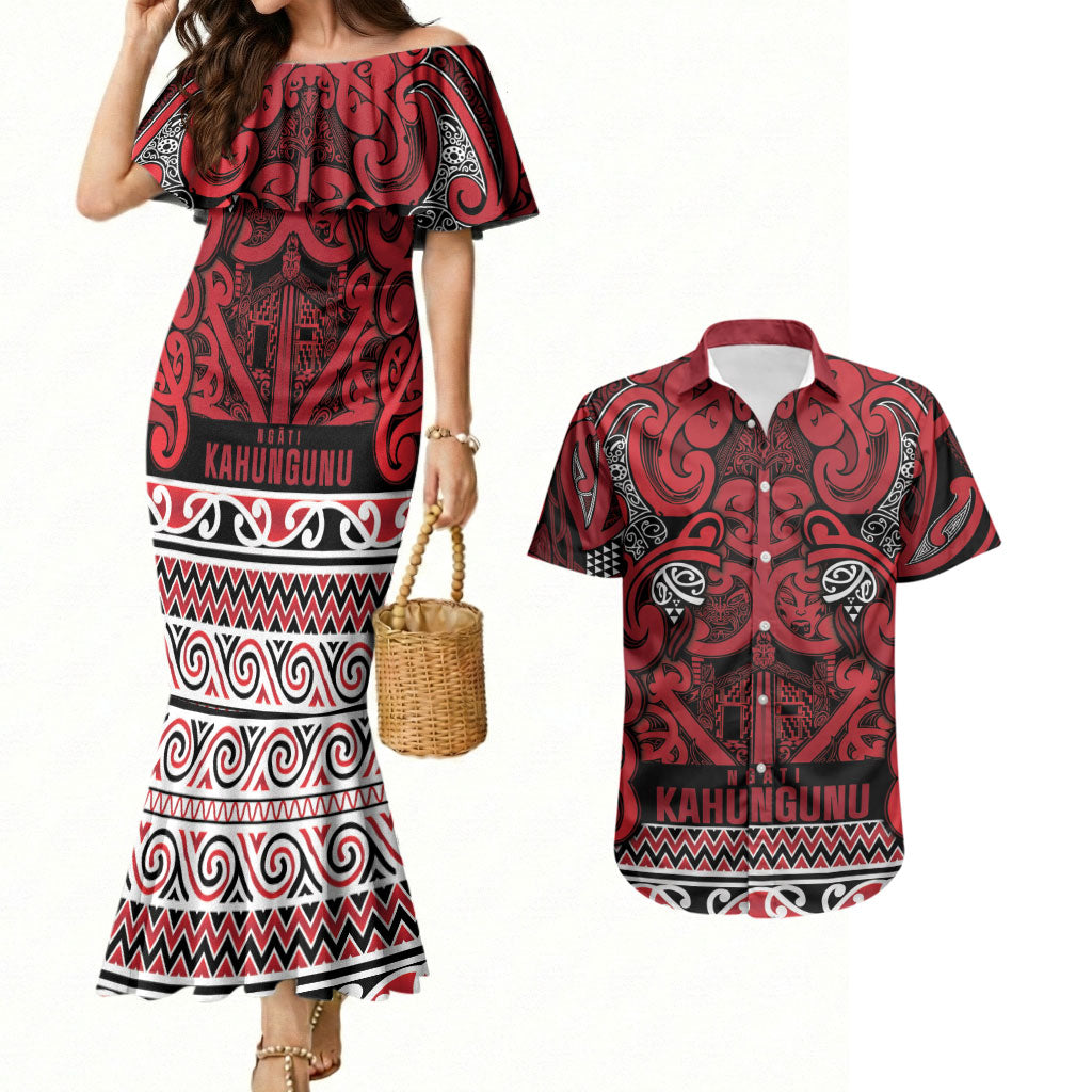 Aotearoa Iwi Ngati Kahungunu Couples Matching Mermaid Dress and Hawaiian Shirt Maori Wharenui House Tribal Pattern LT9 Dark red - Polynesian Pride