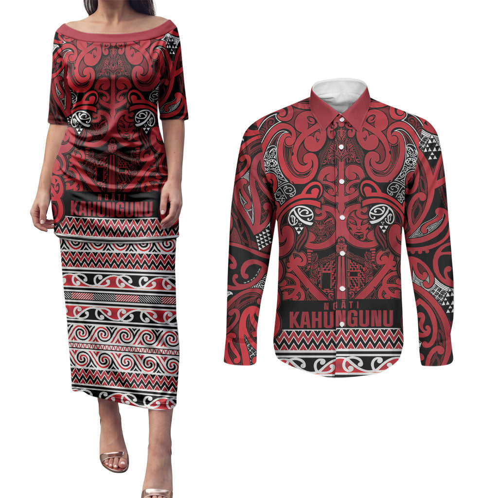 Aotearoa Iwi Ngati Kahungunu Couples Matching Puletasi and Long Sleeve Button Shirt Maori Wharenui House Tribal Pattern LT9 Dark red - Polynesian Pride