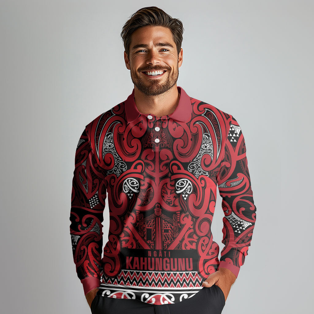 Aotearoa Iwi Ngati Kahungunu Long Sleeve Polo Shirt Maori Wharenui House Tribal Pattern LT9 - Polynesian Pride