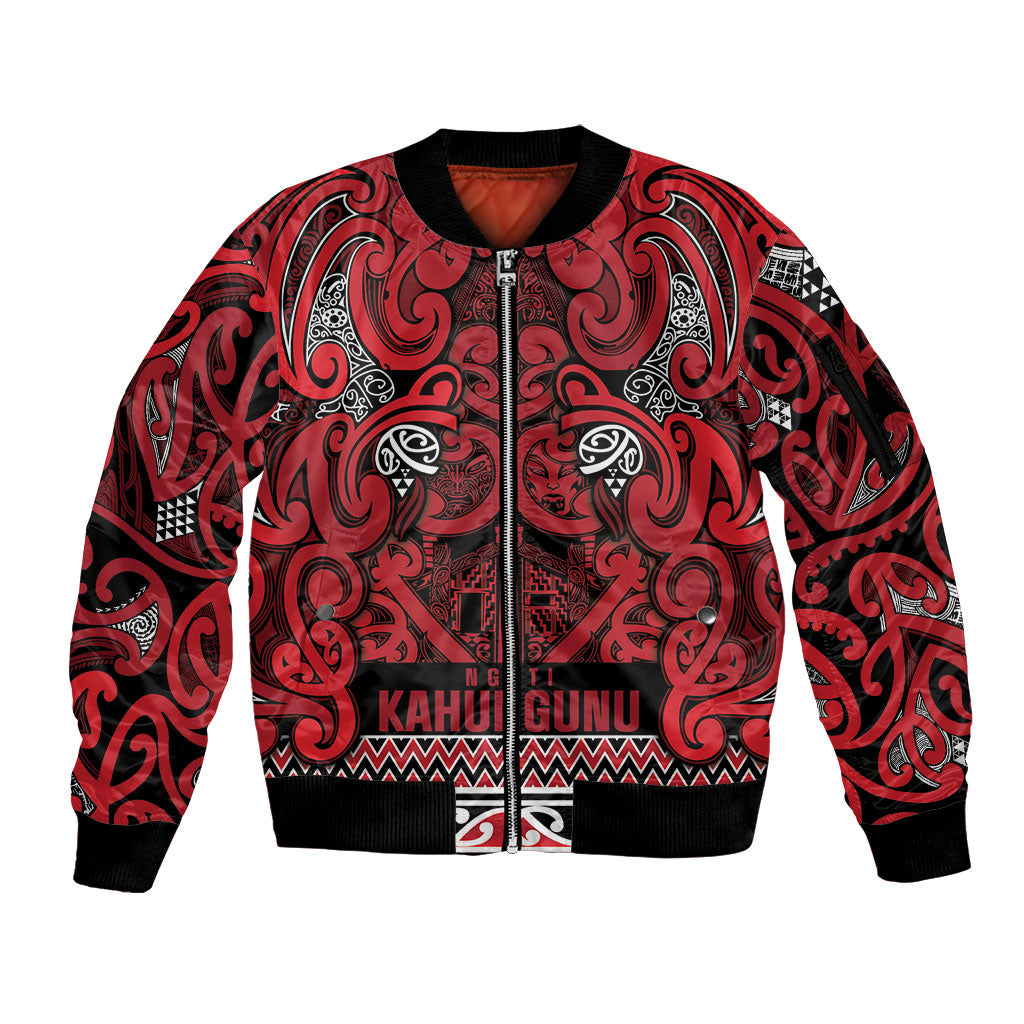 Aotearoa Iwi Ngati Kahungunu Sleeve Zip Bomber Jacket Maori Wharenui House Tribal Pattern LT9 Unisex Dark red - Polynesian Pride