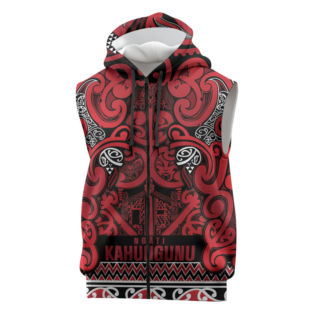 Aotearoa Iwi Ngati Kahungunu Sleeveless Zip Hoodie Maori Wharenui House Tribal Pattern LT9 Dark red - Polynesian Pride