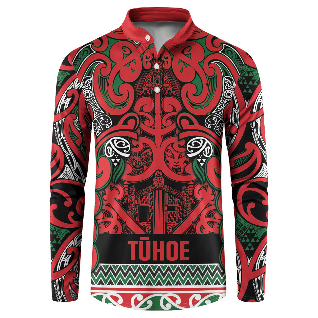 Aotearoa Iwi Tuhoe Button Sweatshirt Maori Wharenui House Tribal Pattern LT9 Green Red - Polynesian Pride