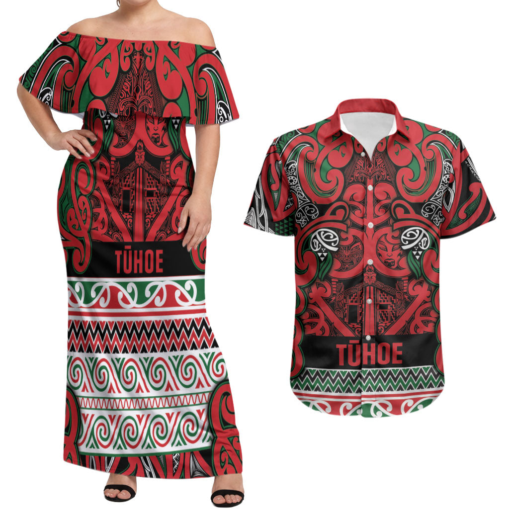 Aotearoa Iwi Tuhoe Couples Matching Off Shoulder Maxi Dress and Hawaiian Shirt Maori Wharenui House Tribal Pattern LT9 Green Red - Polynesian Pride