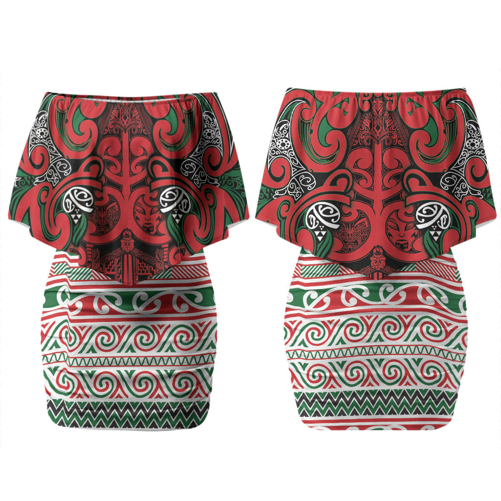 Aotearoa Iwi Tuhoe Couples Matching Off Shoulder Short Dress and Long Sleeve Button Shirt Maori Wharenui House Tribal Pattern LT9 - Polynesian Pride