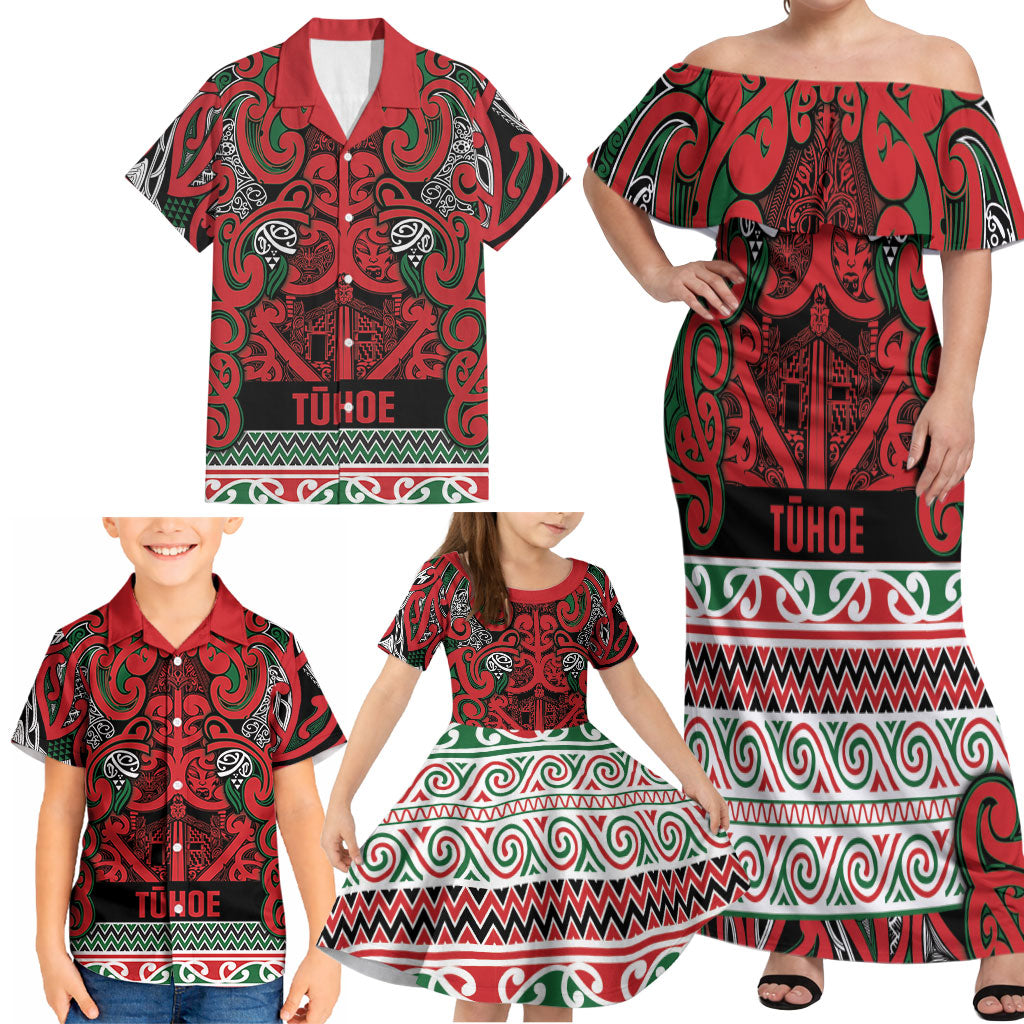 Aotearoa Iwi Tuhoe Family Matching Off Shoulder Maxi Dress and Hawaiian Shirt Maori Wharenui House Tribal Pattern LT9 - Polynesian Pride