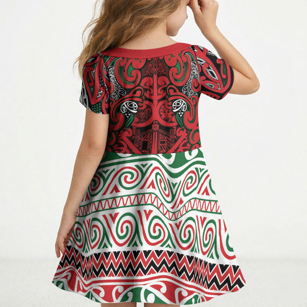 Aotearoa Iwi Tuhoe Kid Short Sleeve Dress Maori Wharenui House Tribal Pattern LT9 - Polynesian Pride