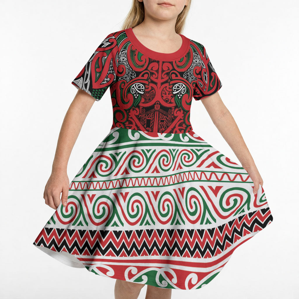 Aotearoa Iwi Tuhoe Kid Short Sleeve Dress Maori Wharenui House Tribal Pattern LT9 - Polynesian Pride