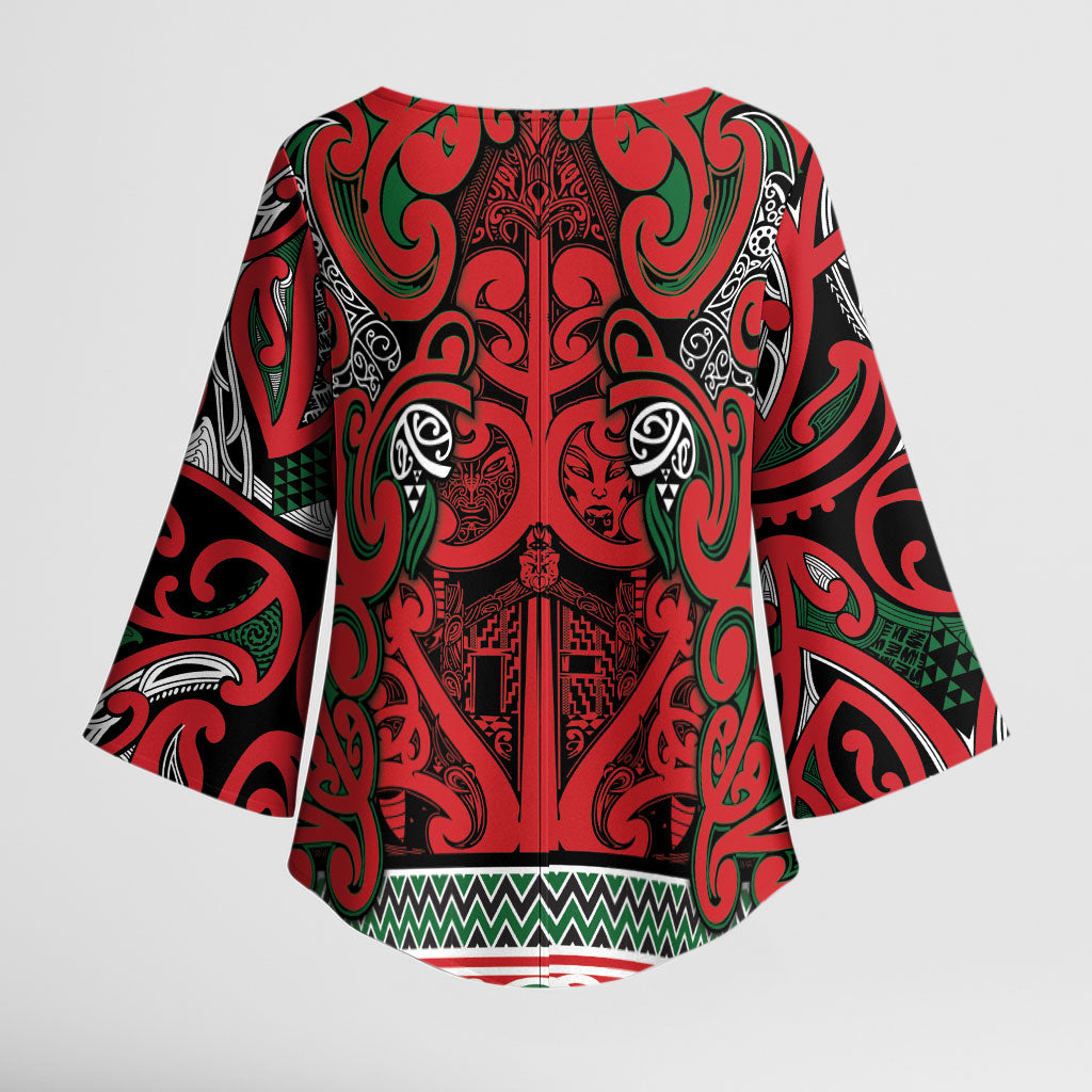 Aotearoa Iwi Tuhoe Kimono Sleeve Blouse Maori Wharenui House Tribal Pattern LT9 - Polynesian Pride