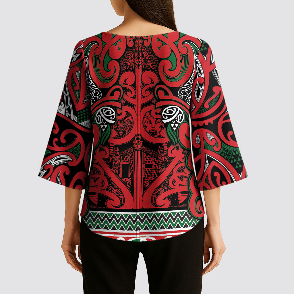 Aotearoa Iwi Tuhoe Kimono Sleeve Blouse Maori Wharenui House Tribal Pattern LT9 - Polynesian Pride