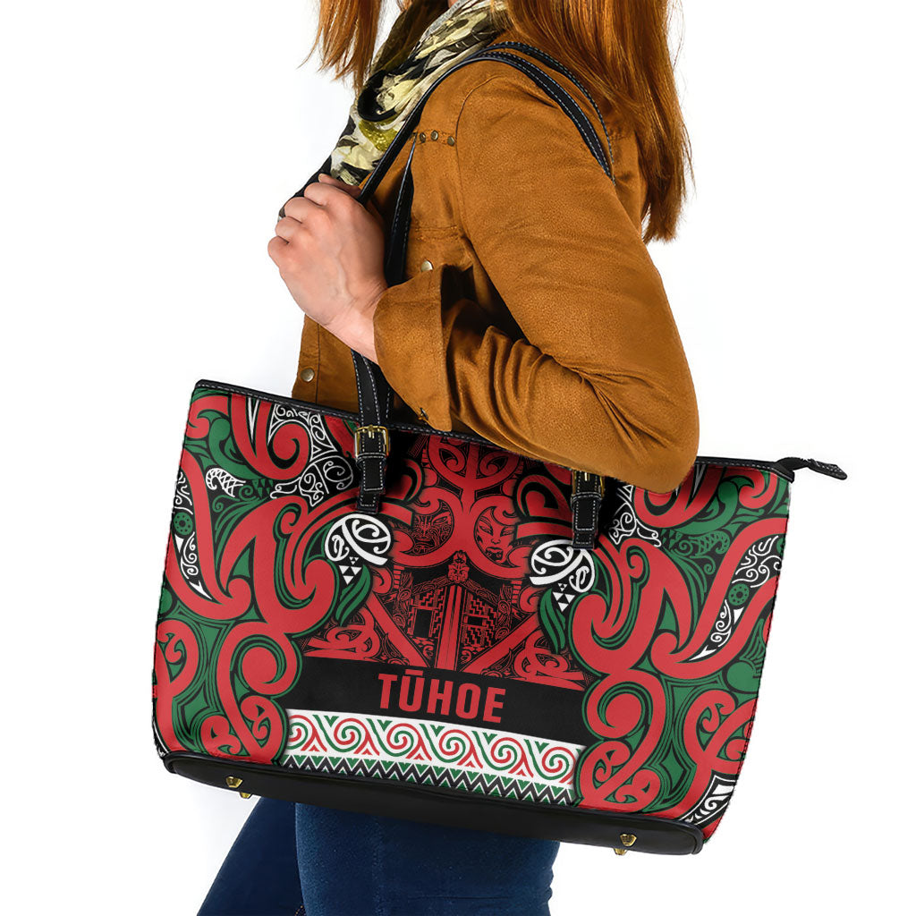 Aotearoa Iwi Tuhoe Leather Tote Bag Maori Wharenui House Tribal Pattern LT9 Green Red - Polynesian Pride