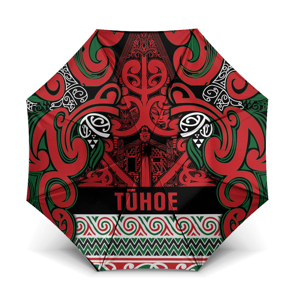 Aotearoa Iwi Tuhoe Umbrella Maori Wharenui House Tribal Pattern LT9 One Size Folded 11.42 inch Opened Diameter 37.4 inch Green Red - Polynesian Pride