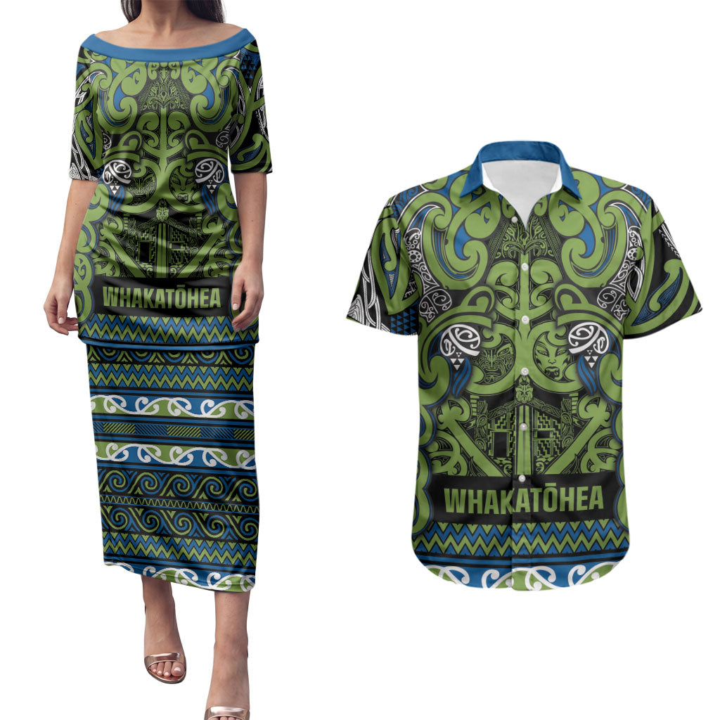 Aotearoa Iwi Whakatohea Couples Matching Puletasi and Hawaiian Shirt Maori Wharenui House Tribal Pattern LT9 Olive green - Polynesian Pride