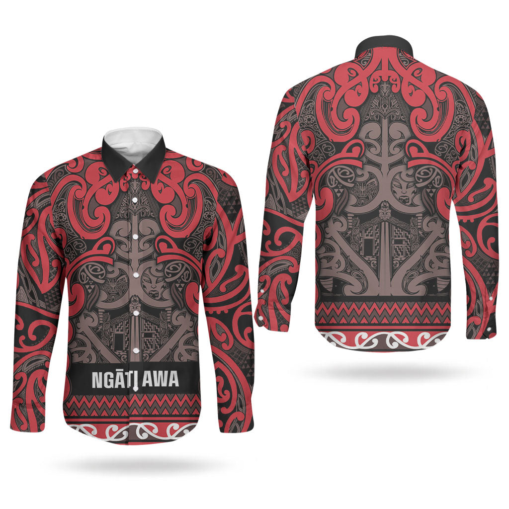 Aotearoa Iwi Ngati Awa Couples Matching Off Shoulder Maxi Dress and Long Sleeve Button Shirt Maori Wharenui House Tribal Pattern LT9 - Polynesian Pride