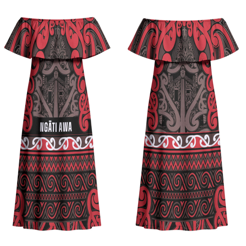 Aotearoa Iwi Ngati Awa Couples Matching Off Shoulder Maxi Dress and Long Sleeve Button Shirt Maori Wharenui House Tribal Pattern LT9 - Polynesian Pride