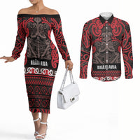 Aotearoa Iwi Ngati Awa Couples Matching Off The Shoulder Long Sleeve Dress and Long Sleeve Button Shirt Maori Wharenui House Tribal Pattern LT9 Red - Polynesian Pride