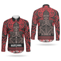 Aotearoa Iwi Ngati Awa Couples Matching Off The Shoulder Long Sleeve Dress and Long Sleeve Button Shirt Maori Wharenui House Tribal Pattern LT9 - Polynesian Pride