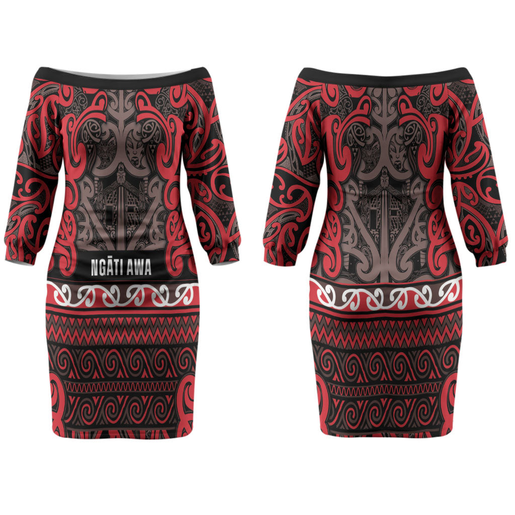 Aotearoa Iwi Ngati Awa Couples Matching Off The Shoulder Long Sleeve Dress and Long Sleeve Button Shirt Maori Wharenui House Tribal Pattern LT9 - Polynesian Pride