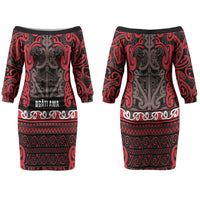 Aotearoa Iwi Ngati Awa Couples Matching Off The Shoulder Long Sleeve Dress and Long Sleeve Button Shirt Maori Wharenui House Tribal Pattern LT9 - Polynesian Pride