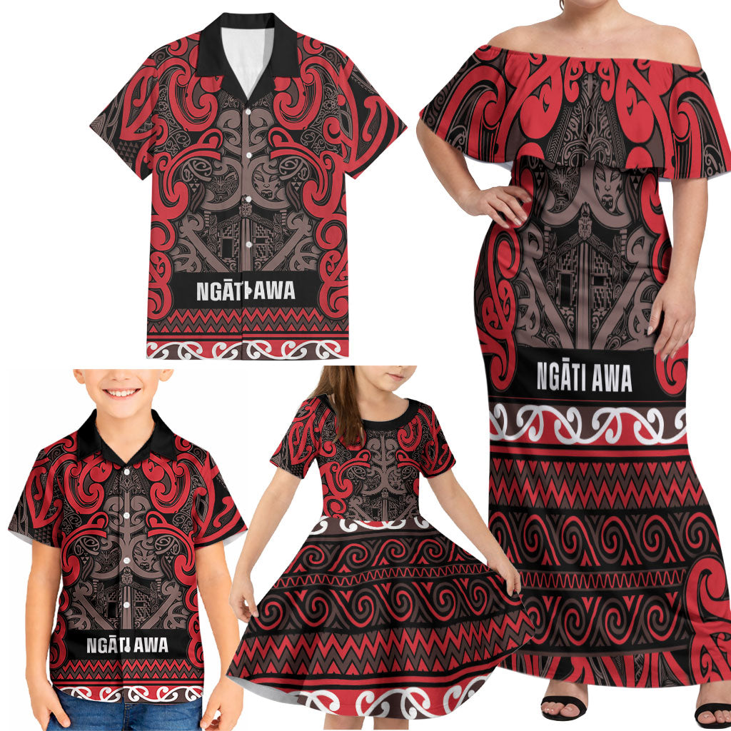 Aotearoa Iwi Ngati Awa Family Matching Off Shoulder Maxi Dress and Hawaiian Shirt Maori Wharenui House Tribal Pattern LT9 - Polynesian Pride