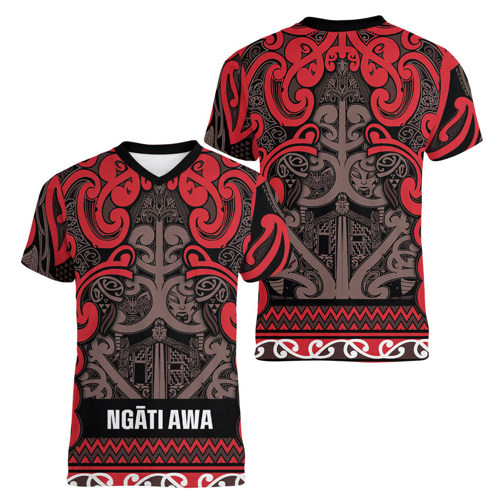 Aotearoa Iwi Ngati Awa Women V-Neck T-Shirt Maori Wharenui House Tribal Pattern LT9 - Polynesian Pride