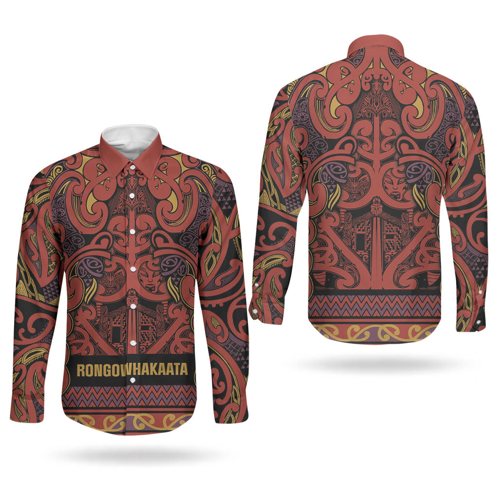 Aotearoa Iwi Rongowhakaata Couples Matching Long Sleeve Bodycon Dress and Long Sleeve Button Shirt Maori Wharenui House Tribal Pattern LT9 - Polynesian Pride