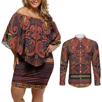 Aotearoa Iwi Rongowhakaata Couples Matching Off Shoulder Short Dress and Long Sleeve Button Shirt Maori Wharenui House Tribal Pattern LT9 Brick Red - Polynesian Pride
