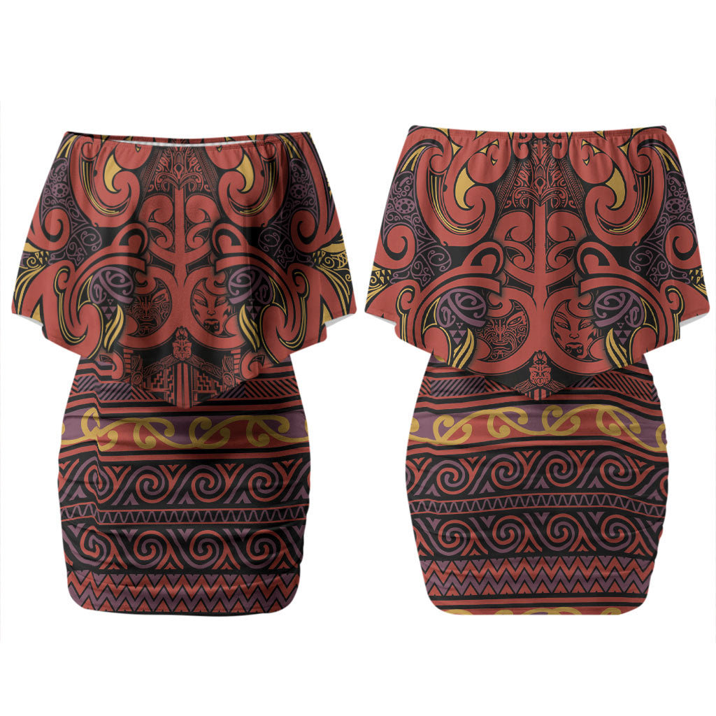 Aotearoa Iwi Rongowhakaata Couples Matching Off Shoulder Short Dress and Long Sleeve Button Shirt Maori Wharenui House Tribal Pattern LT9 - Polynesian Pride