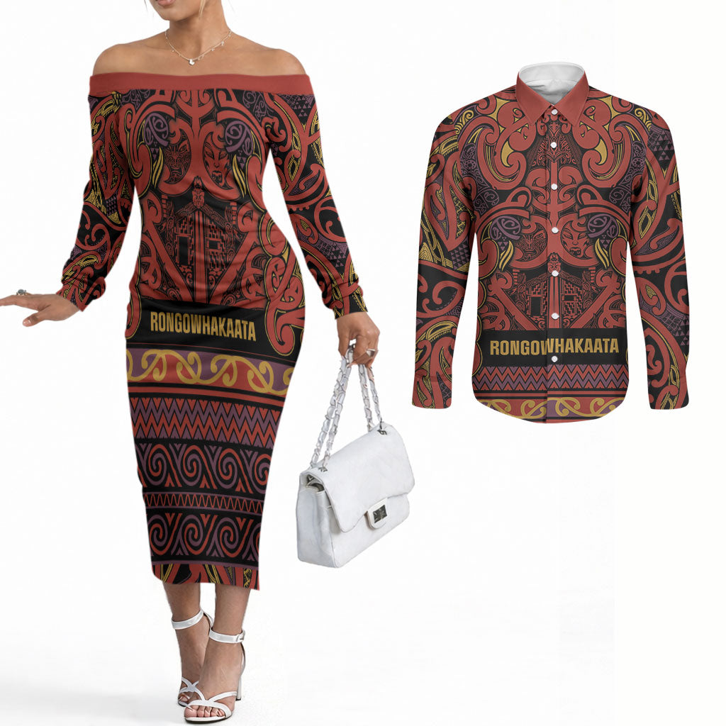 Aotearoa Iwi Rongowhakaata Couples Matching Off The Shoulder Long Sleeve Dress and Long Sleeve Button Shirt Maori Wharenui House Tribal Pattern