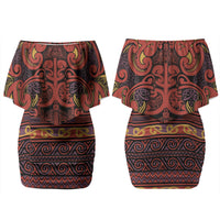 Aotearoa Iwi Rongowhakaata Family Matching Off Shoulder Short Dress and Hawaiian Shirt Maori Wharenui House Tribal Pattern LT9 Mom's Dress Brick Red - Polynesian Pride