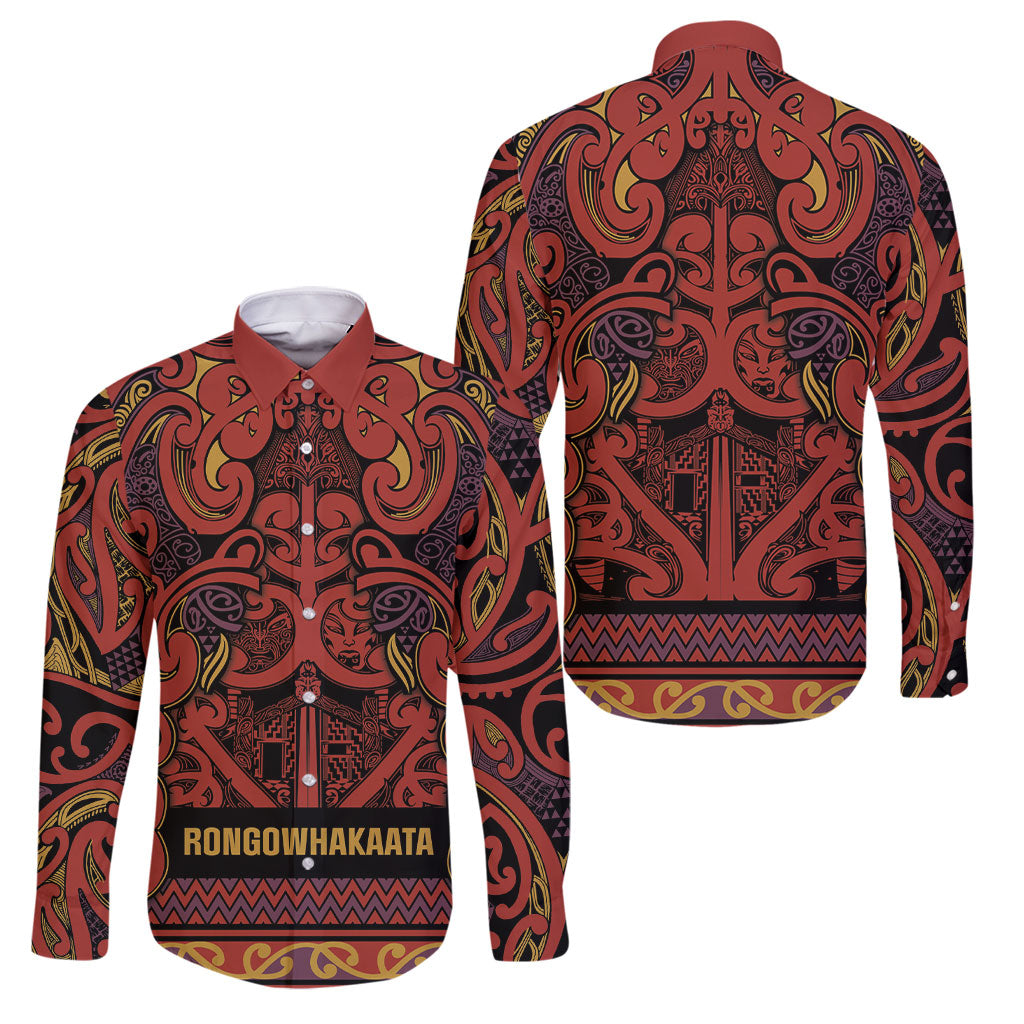 Aotearoa Iwi Rongowhakaata Family Matching Puletasi and Hawaiian Shirt Maori Wharenui House Tribal Pattern LT9 Dad's Shirt - Long Sleeve Brick Red - Polynesian Pride