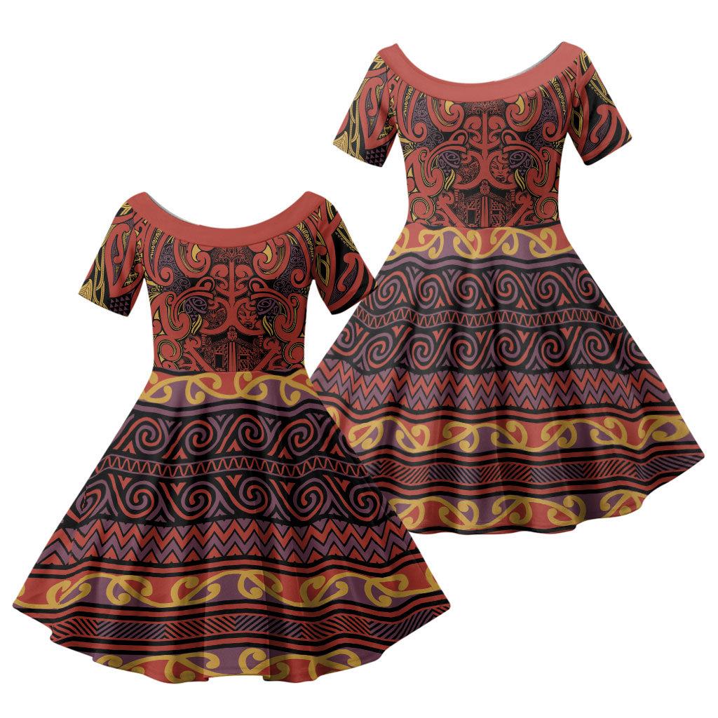 Aotearoa Iwi Rongowhakaata Family Matching Short Sleeve Bodycon Dress and Hawaiian Shirt Maori Wharenui House Tribal Pattern LT9 Daughter's Dress Brick Red - Polynesian Pride
