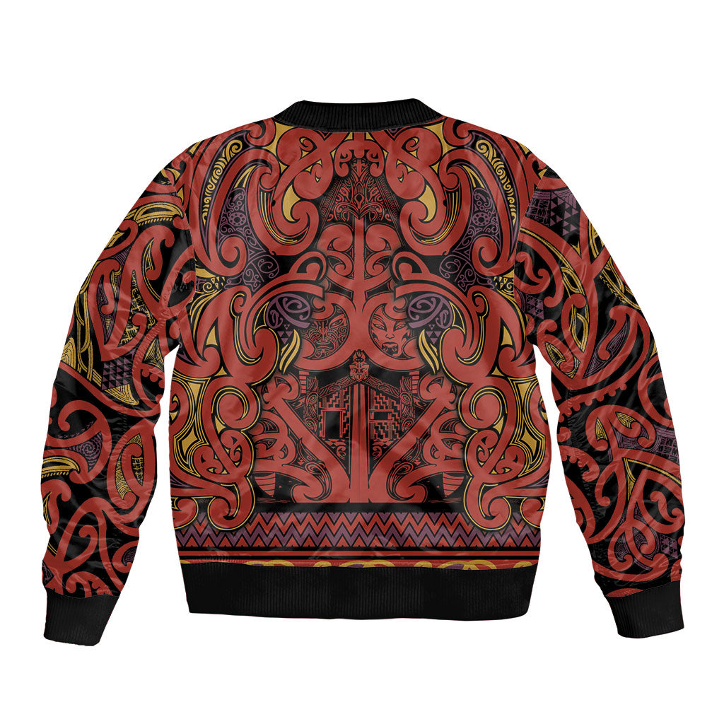 Aotearoa Iwi Rongowhakaata Sleeve Zip Bomber Jacket Maori Wharenui House Tribal Pattern LT9 - Polynesian Pride