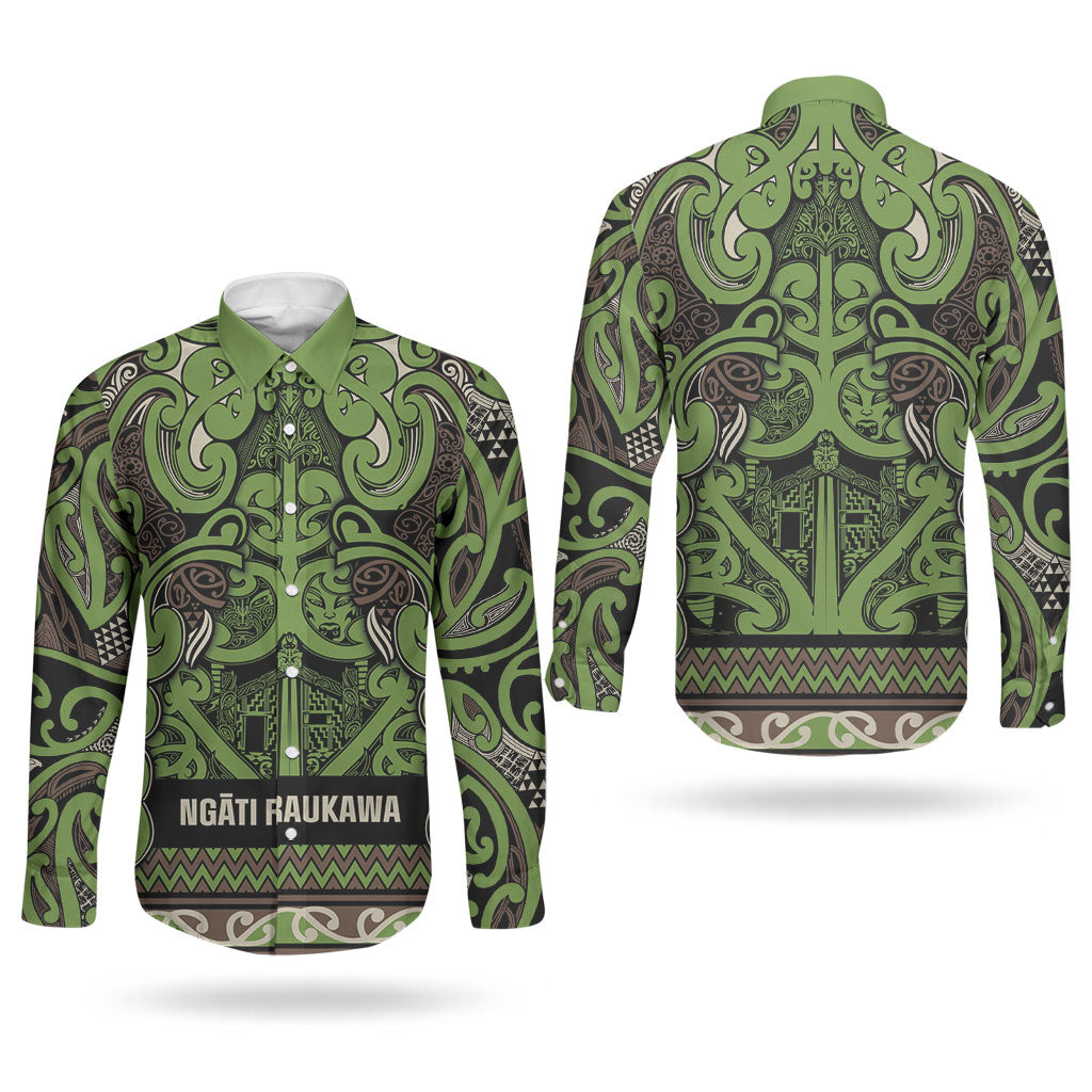 Aotearoa Iwi Ngati Raukawa Couples Matching Off The Shoulder Long Sleeve Dress and Long Sleeve Button Shirt Maori Wharenui House Tribal Pattern LT9 - Polynesian Pride