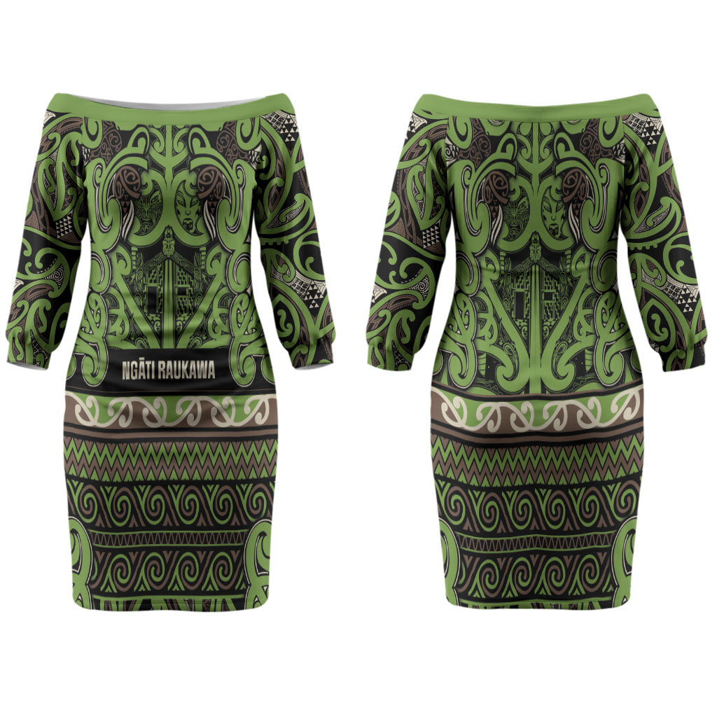 Aotearoa Iwi Ngati Raukawa Couples Matching Off The Shoulder Long Sleeve Dress and Long Sleeve Button Shirt Maori Wharenui House Tribal Pattern LT9 - Polynesian Pride