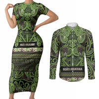 Aotearoa Iwi Ngati Raukawa Couples Matching Short Sleeve Bodycon Dress and Long Sleeve Button Shirt Maori Wharenui House Tribal Pattern LT9 Olive green - Polynesian Pride