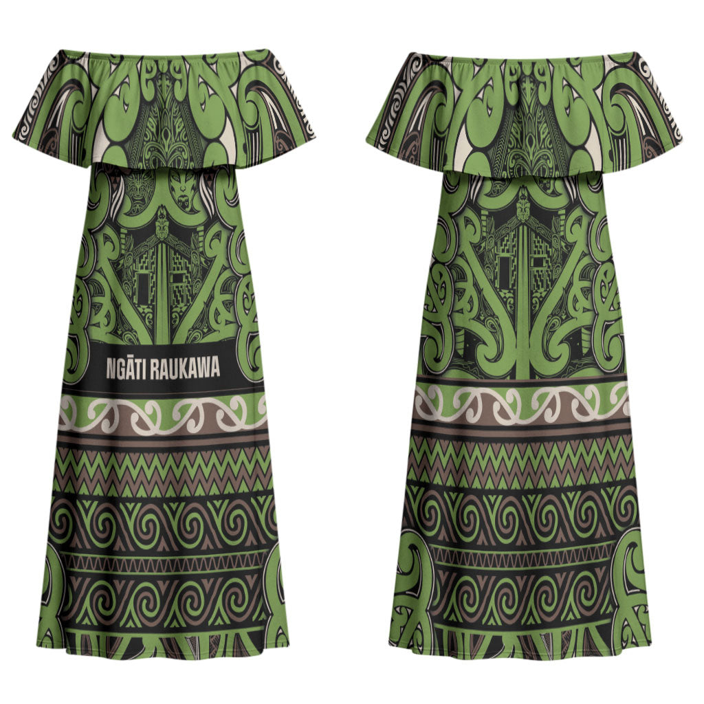 Aotearoa Iwi Ngati Raukawa Family Matching Off Shoulder Maxi Dress and Hawaiian Shirt Maori Wharenui House Tribal Pattern LT9 Mom's Dress Olive green - Polynesian Pride