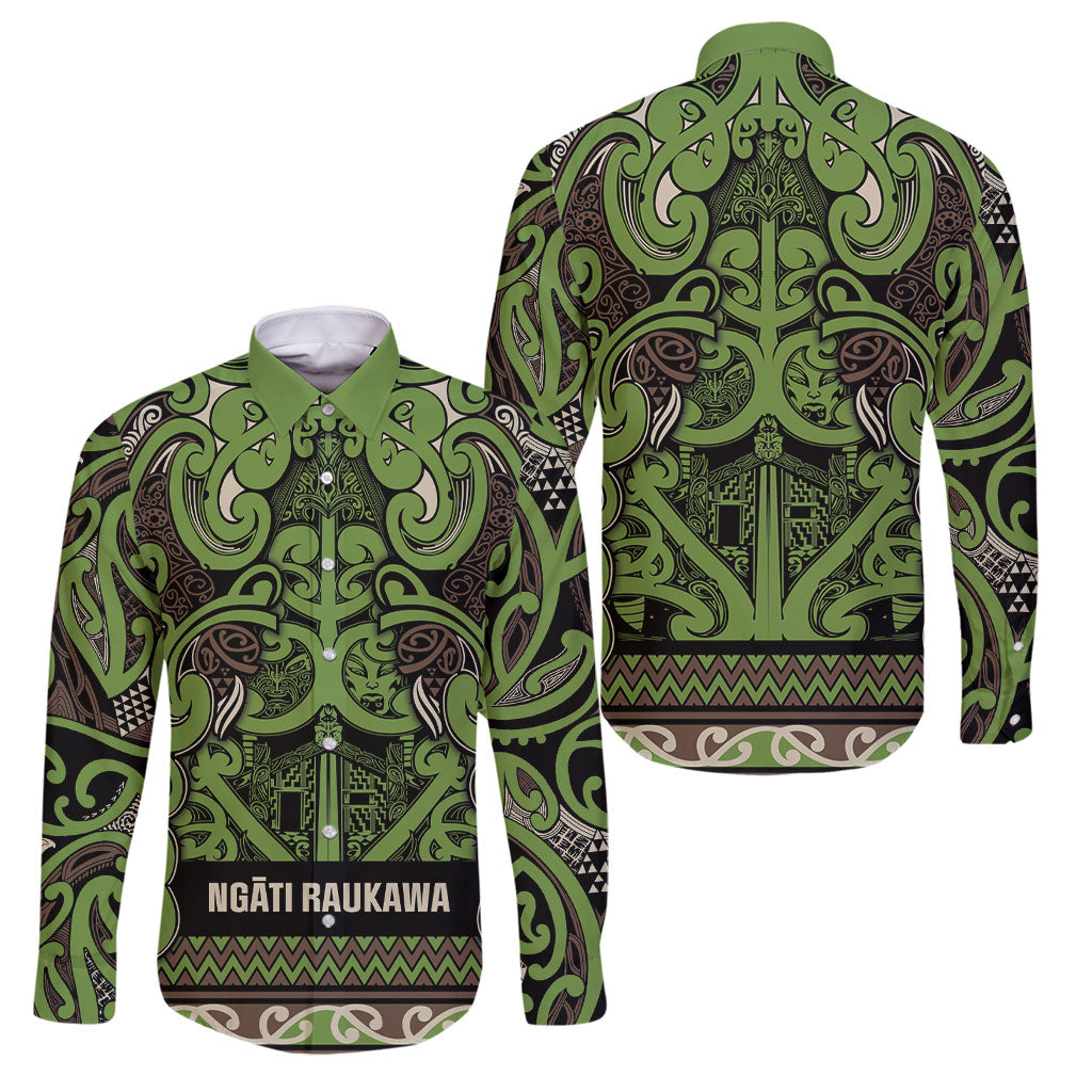 Aotearoa Iwi Ngati Raukawa Family Matching Off Shoulder Maxi Dress and Hawaiian Shirt Maori Wharenui House Tribal Pattern LT9 Dad's Shirt - Long Sleeve Olive green - Polynesian Pride