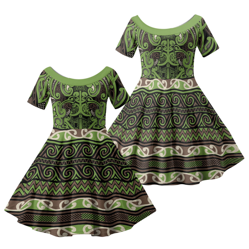 Aotearoa Iwi Ngati Raukawa Family Matching Off Shoulder Short Dress and Hawaiian Shirt Maori Wharenui House Tribal Pattern LT9 Daughter's Dress Olive green - Polynesian Pride