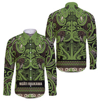 Aotearoa Iwi Ngati Raukawa Family Matching Puletasi and Hawaiian Shirt Maori Wharenui House Tribal Pattern LT9 Dad's Shirt - Long Sleeve Olive green - Polynesian Pride