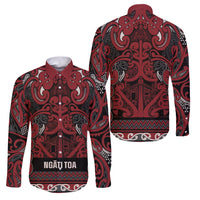 Aotearoa Iwi Ngati Toa Family Matching Puletasi and Hawaiian Shirt Maori Wharenui House Tribal Pattern LT9 Dad's Shirt - Long Sleeve Dark Red - Polynesian Pride