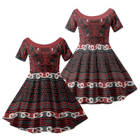 Aotearoa Iwi Ngati Toa Family Matching Short Sleeve Bodycon Dress and Hawaiian Shirt Maori Wharenui House Tribal Pattern LT9 Daughter's Dress Dark Red - Polynesian Pride