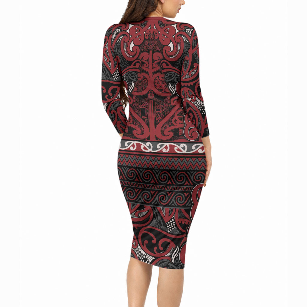 Aotearoa Iwi Ngati Toa Long Sleeve Bodycon Dress Maori Wharenui House Tribal Pattern LT9 - Polynesian Pride