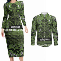 Aotearoa Iwi Ngāti Tama ki Taranaki Trust Couples Matching Long Sleeve Bodycon Dress and Long Sleeve Button Shirt Maori Wharenui House Tribal Pattern LT9 Lime - Polynesian Pride